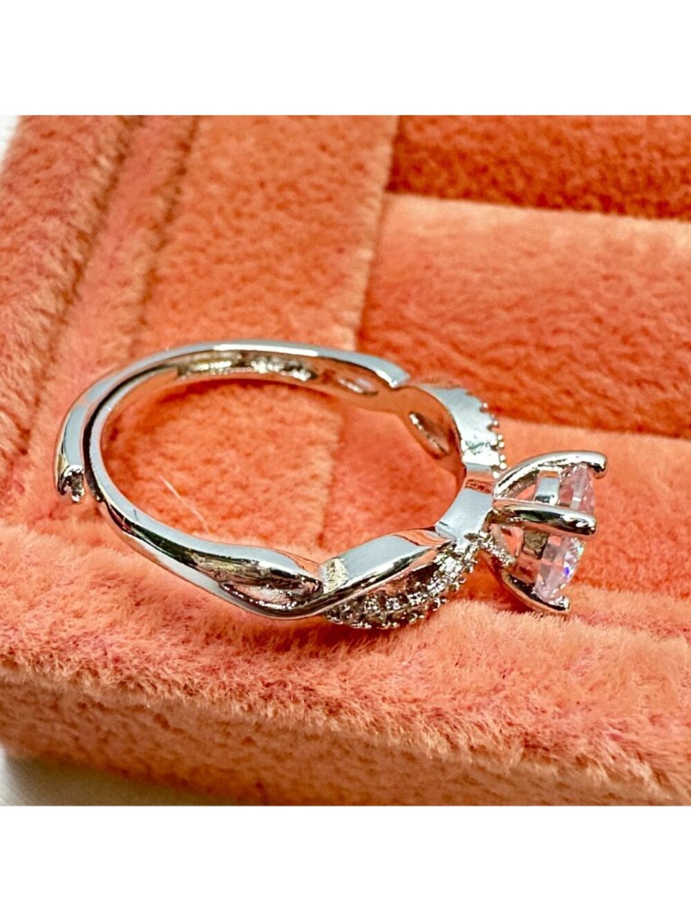 Silver-Tone Cubic Zirconia Engagement Ring Twisted Band Design Size 7 Adjustable - Picture 5 of 8